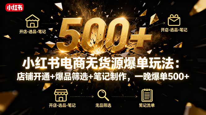 小红书电商无货源爆单玩法：店铺开通+爆品筛选+笔记制作，一晚爆单500+-小言网创资源站