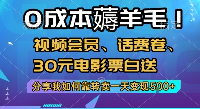 0成本薅羊毛!视频会员、话费卷、30元电影票白送，分享我如何靠转卖一天变现5张+【揭秘】-小言网创资源站