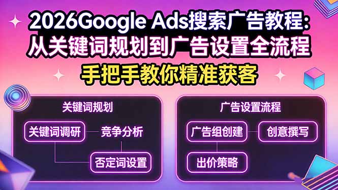 2026Google Ads搜索广告教程：从关键词规划到广告设置全流程，手把手教你精准获客-小言网创资源站