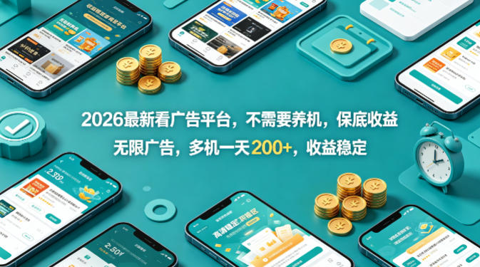 2026最新看广告平台，不需要养机，保底收益，无限广告，多机一天200+，收益稳定【揭秘】-小言网创资源站