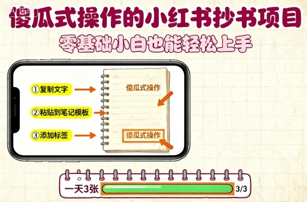 傻瓜式操作的小红书抄书项目，会复制粘贴就行，零基础小白也能一天3张-小言网创资源站