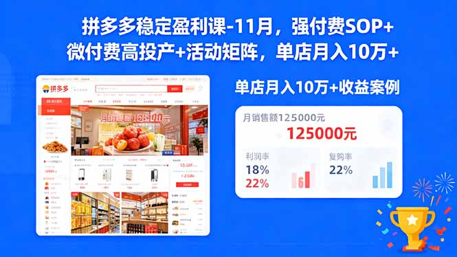 拼多多稳定盈利课-11月，强付费SOP+微付费高投产+活动矩阵，单店月入10w+-小言网创资源站