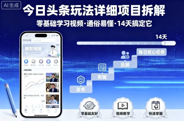 今日头条玩法详细项目拆解，零基础学习视频 通俗易懂 14天搞定它-小言网创资源站