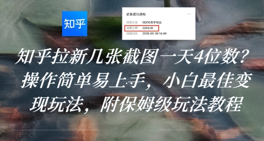 知乎拉新几张截图一天4位数？操作简单易上手，小白最佳变现玩法，附保姆级玩法教程-小言网创资源站