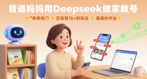 普通妈妈用Deepseek做家教号，条条热门，日变现1k+的玩法，直接抄作业-小言网创资源站