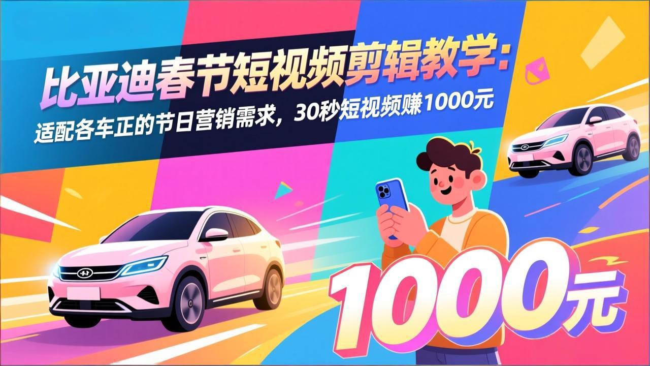 比亚迪春节短视频剪辑教学：适配各车企的节日营销需求，30秒短视频赚1000元-小言网创资源站