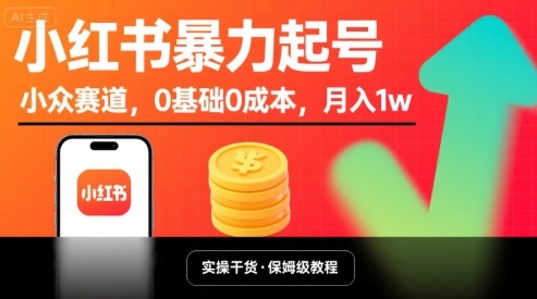 小红书暴力起号，小众赛道，0基础0成本，月入1w-小言网创资源站