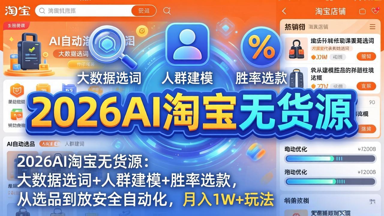 2026AI淘宝无货源：大数据选词+人群建模+胜率选款，从选品到放大全自动化，月入1W+玩法-小言网创资源站