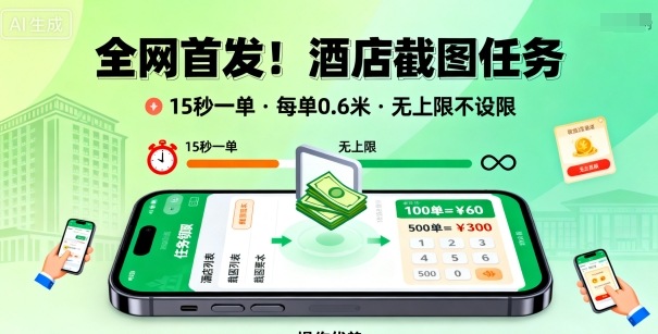 全网首发！酒店截图任务，15秒一单，每单0.6米，任务无上限不设限，矩阵操作单日3张到手【揭秘】-小言网创资源站