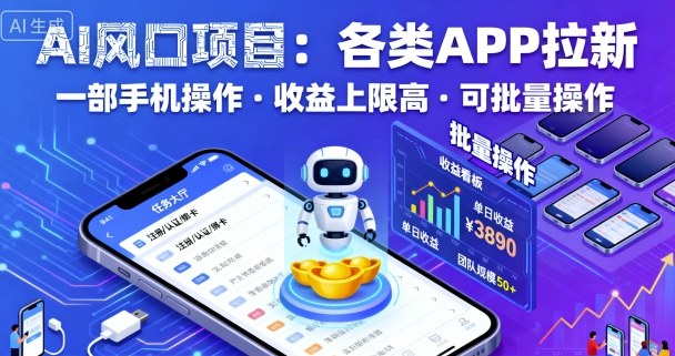 AI风口项目，各类APP拉新，一部手机就可以操作，收益上限高，可批量操作-小言网创资源站