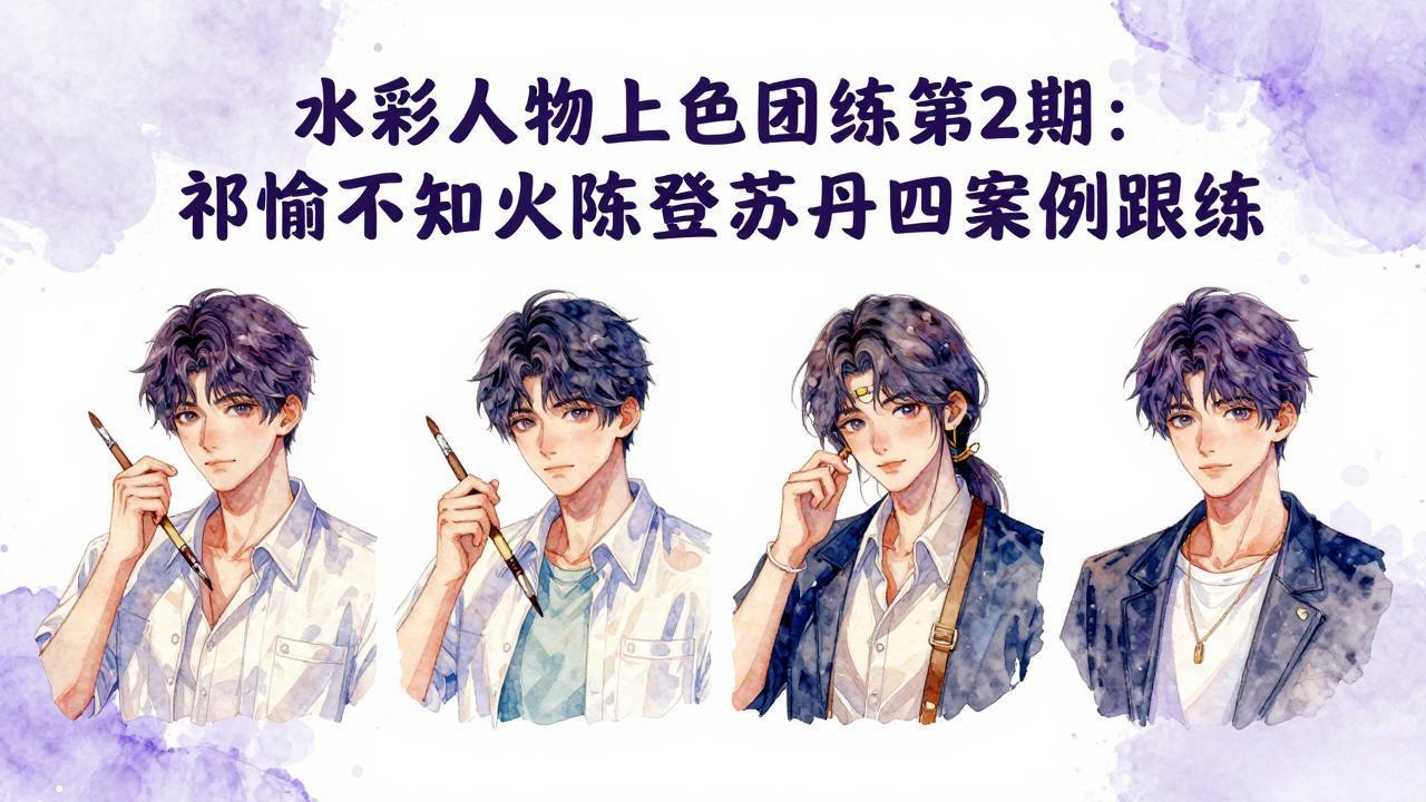 水彩人物上色团练第2期：祁煜不知火陈登苏丹四案例跟练，手把手提升绘画能力-小言网创资源站
