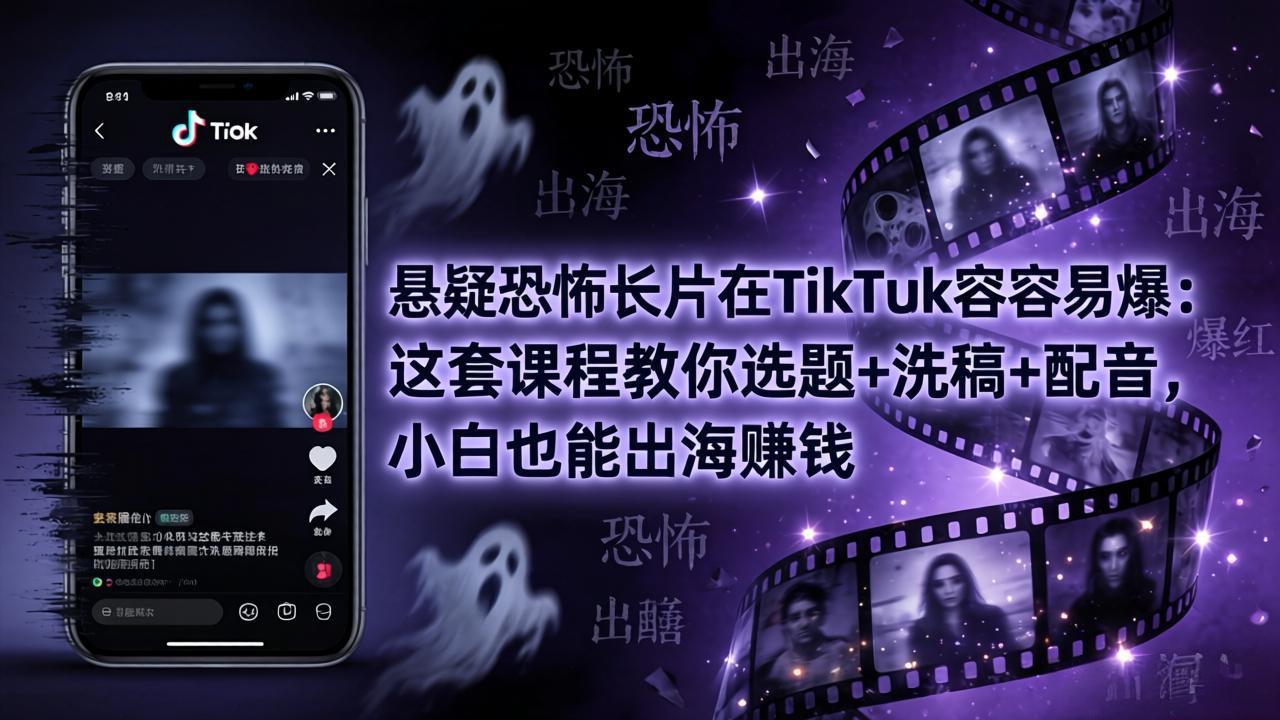 悬疑恐怖长片在TikTok最容易爆：这套课程教你选题+洗稿+配音，小白也能出海赚钱-小言网创资源站