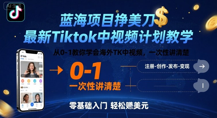 蓝海项目挣美刀，最新Tiktok中视频计划教学，从0-1教你学会海外TK中视频，一次性讲清楚-小言网创资源站