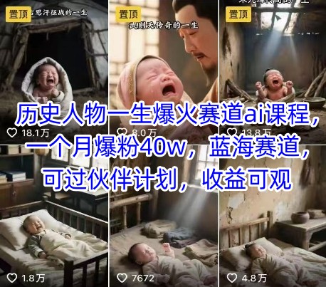 历史人物一生爆火赛道ai课程，一个月爆粉40w，蓝海赛道，可过伙伴计划，收益可观-小言网创资源站