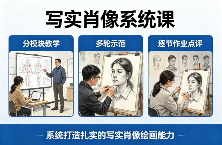 写实肖像系统课，全程分模块教学+多轮示范+逐节作业点评，系统打造扎实的写实肖像绘画能力-小言网创资源站