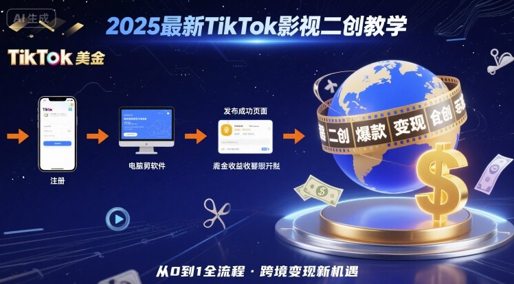 2025年最新TikTok影视二创教学，从注册到发布撸美金全流程，跨境变现新机遇-小言网创资源站